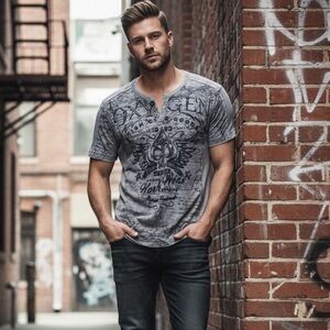 Oxygen Original Grey Graphic Henley Short Sleeve T-Shirt Mens Medium Biker Y2K